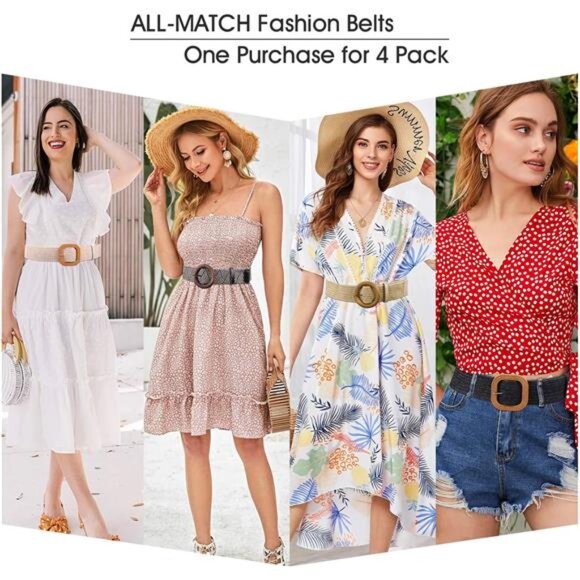 Set of 3/4 Straw Woven Elastic Stretch Waist Belts for Women, Fashion main image 4